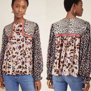 Anthropologie Blank London Joelle Leopard Print Peasant Blouse Size XS
